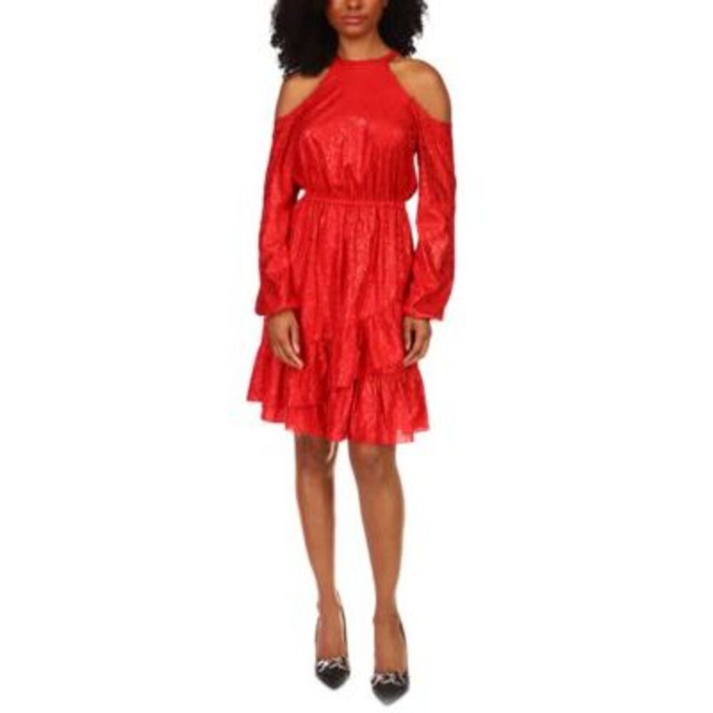 Michael Kors Printed Cold-Shoulder Dress In Crimson - L